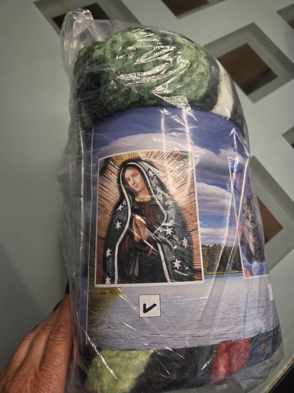 Religious Plush Throw Blanket in Green and Blue